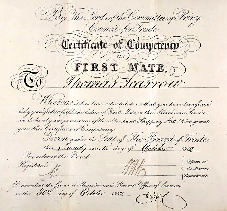 Thomas Scarrow, 1st Mate Certificate of Competency 1862